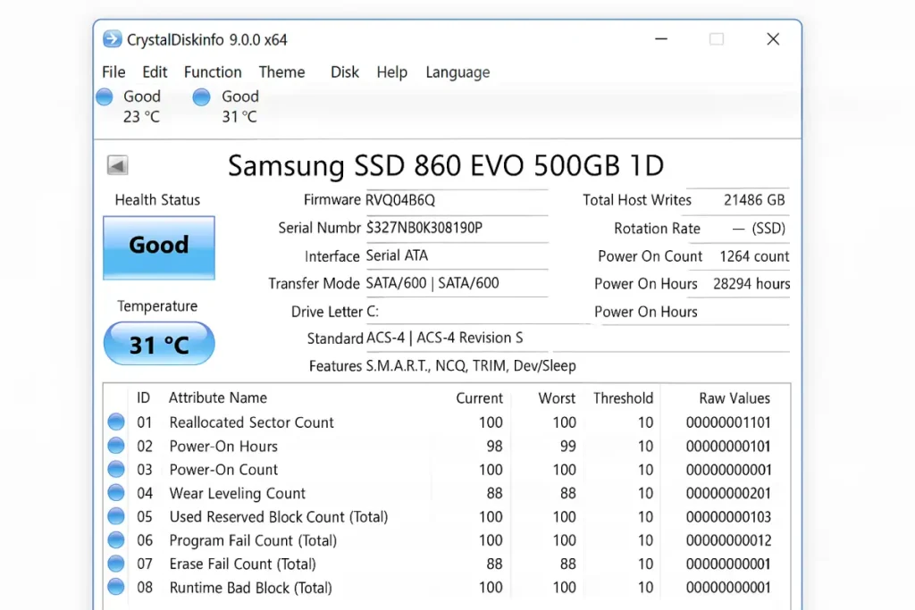 نرم افزار تست سلامت هارد لپتاپ استوک - CrystalDiskInfo